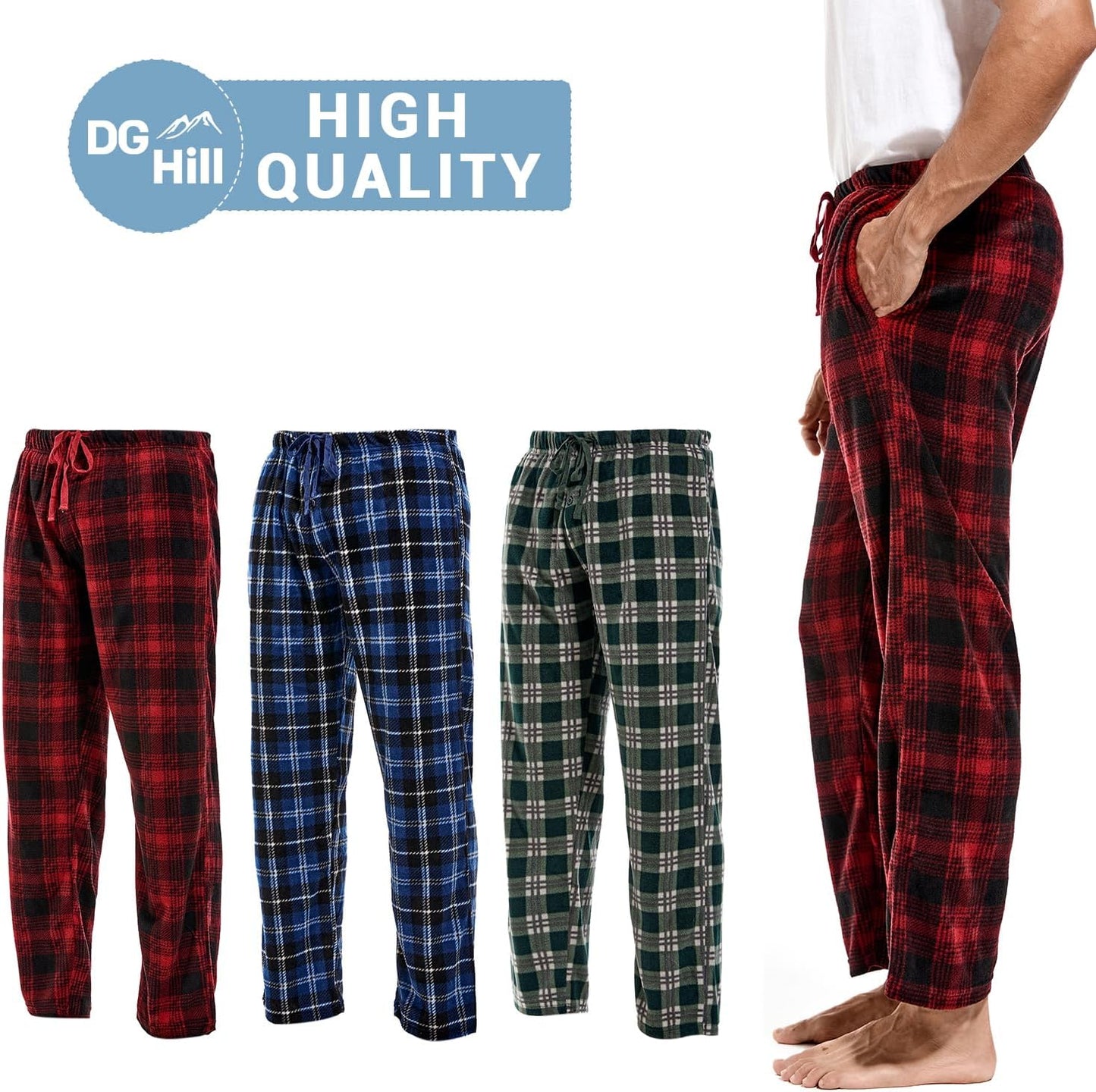 1Pack or 3Pack Mens PJ Pajama Pants Bottoms Fleece Lounge Pants Sleepwear Plaid Pjs with Pockets Microfleece