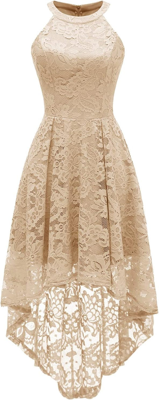 Women Halter Lace Wedding Guest Dress Hi-Lo Cocktail Party Bridesmaid Formal Dresses