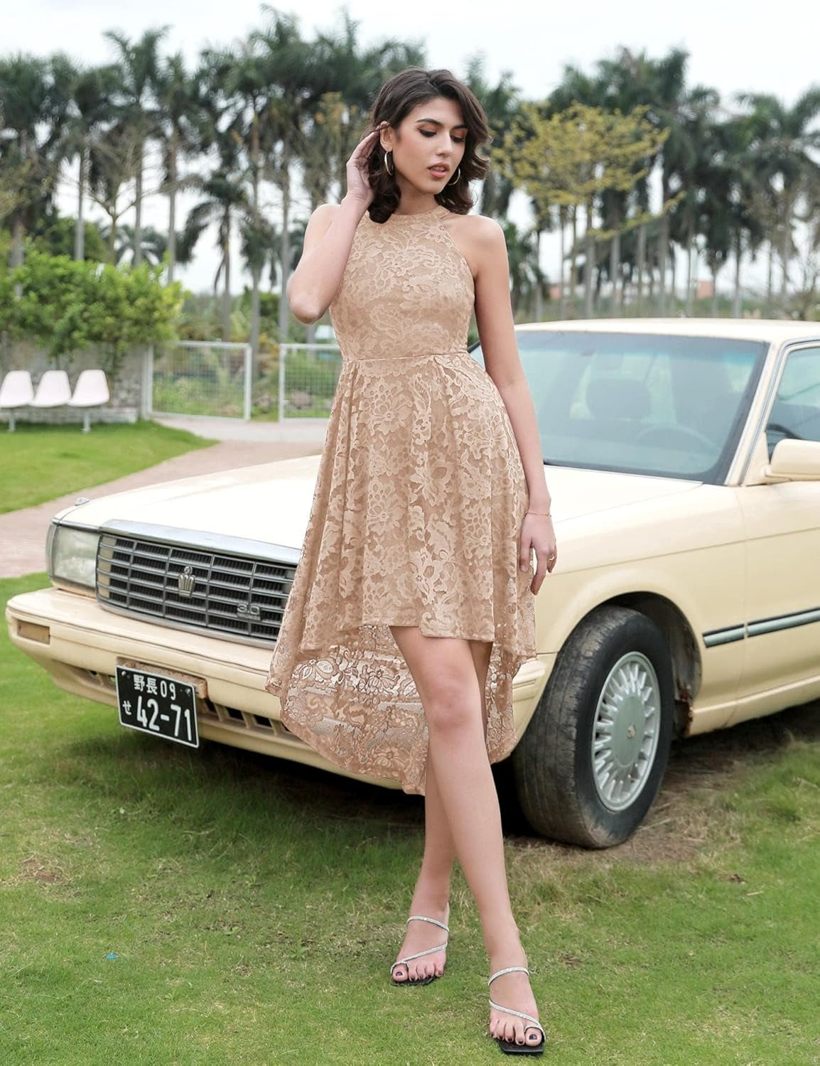 Women Halter Lace Wedding Guest Dress Hi-Lo Cocktail Party Bridesmaid Formal Dresses