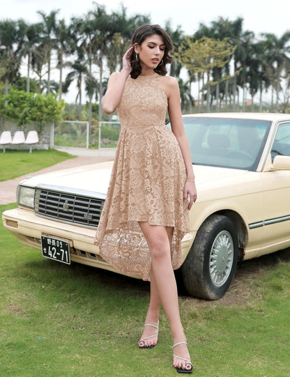 Women Halter Lace Wedding Guest Dress Hi-Lo Cocktail Party Bridesmaid Formal Dresses