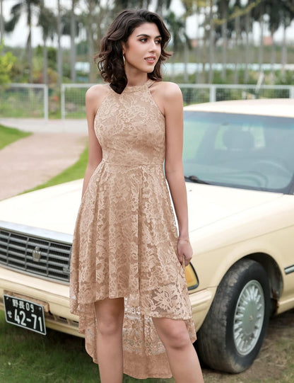 Women Halter Lace Wedding Guest Dress Hi-Lo Cocktail Party Bridesmaid Formal Dresses