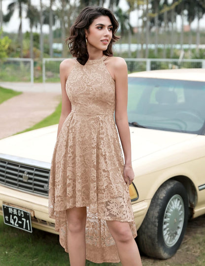 Women Halter Lace Wedding Guest Dress Hi-Lo Cocktail Party Bridesmaid Formal Dresses